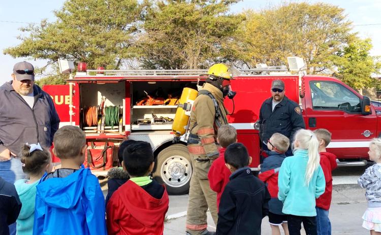 As part of Fire Prevention Week and Fire Prevention Month activities, members of the Leoti Volunteer Fire Department spent part of the morning of Thursday, October 8, 2020, giving demonstrations to and answering the questions of students at Wichita County Elementary School. (Photos courtesy LVFD)