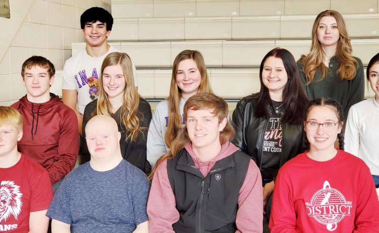 2022 Winter Homecoming Court. Back row (L-R): Isaiah Gerstberger, Zoey Reed, Junior attendants; Middle row (L-R): Wyatt Gardner, Sophomore attendant; Queen candidates Breckyn Rawlins, Amelia Koehn, Zeanna Denham; Sophomore attendant Ciera Hernandez; Front Row (L-R): Tadyn West, Freshman attendant; King candidates Cooper Tokoi and Chandler Seaton; Anna Biel, Freshman attendant. (Not pictured: King candidate Xavier Hernandez.)