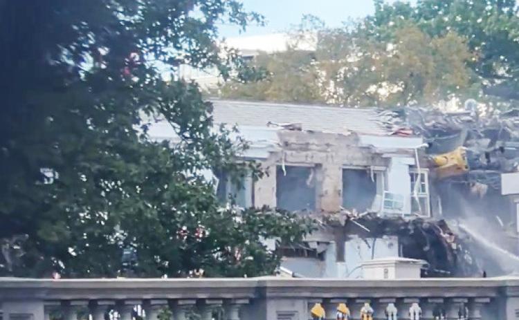 Right: A screenshot from a video posted on Twitter shows the facade of the East Wing of the White House being demolished on Monday, October 20, 2025.
